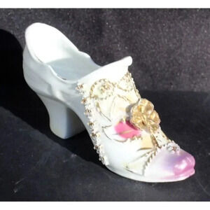 Vintage Miniature Victorian High Heel Boot Ceramic Shoe W/ Gold Trim